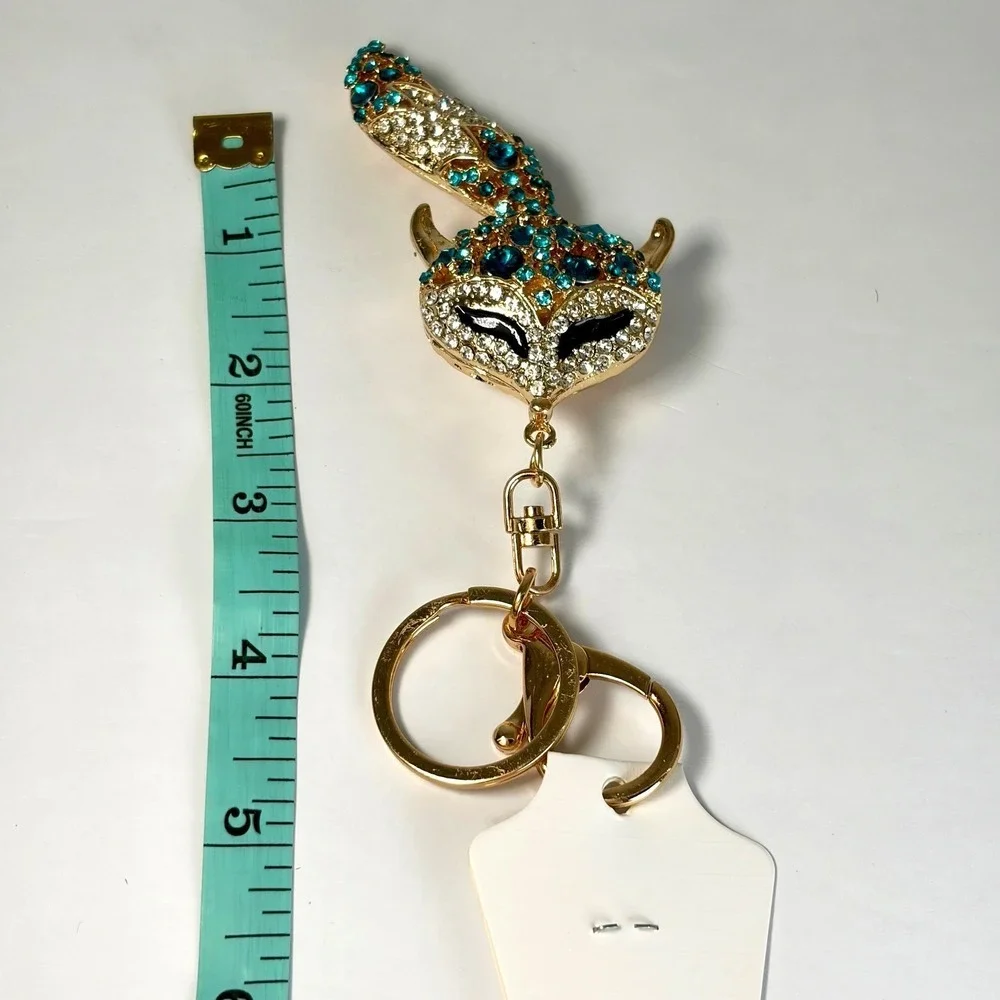 Boutique Fox Keychain Moving Tail Teal Rhinestone Gold Bling Bag Charm Y2K Gift‎